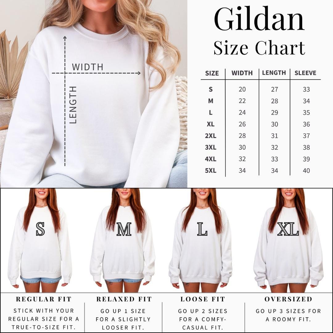 Gildan size chart with measurements and fit descriptions for crewneck sweatshirts.