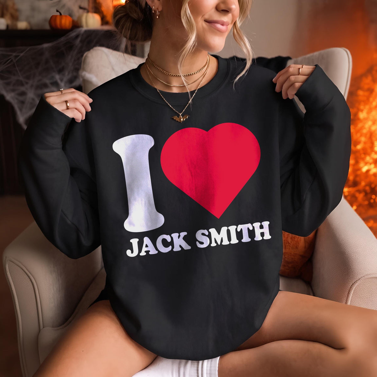 Black sweatshirt with &amp;quot;I ❤️ Jack Smith&amp;quot; graphic design.
