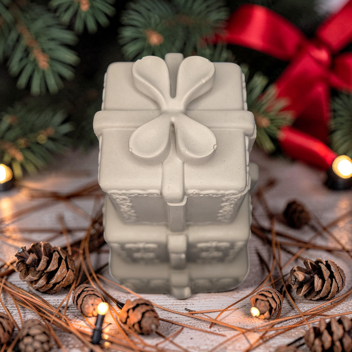 Concrete Stacked Present Tower Set (4-Piece) | Christmas Gift Box Candle Vessels | DIY Holiday Craft &amp; Mantle Decor | Concrete Trinket Boxes