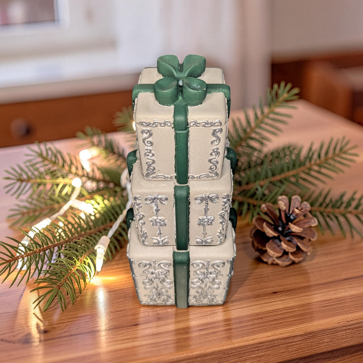 Concrete Stacked Present Tower Set (4-Piece) | Christmas Gift Box Candle Vessels | DIY Holiday Craft &amp; Mantle Decor | Concrete Trinket Boxes