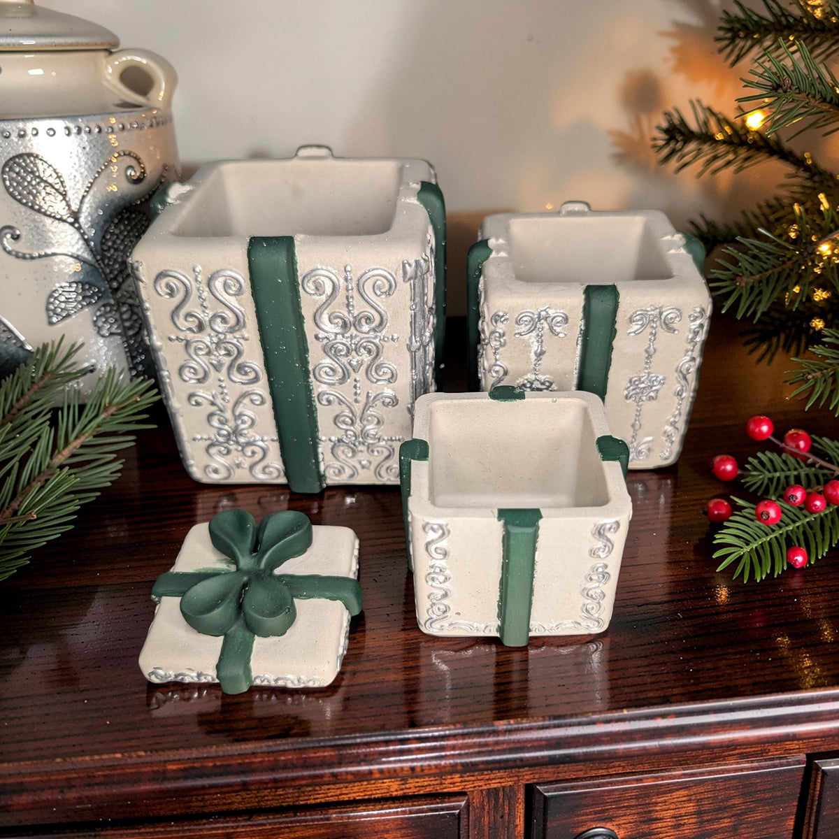 Concrete Stacked Present Tower Set (4-Piece) | Christmas Gift Box Candle Vessels | DIY Holiday Craft &amp; Mantle Decor | Concrete Trinket Boxes