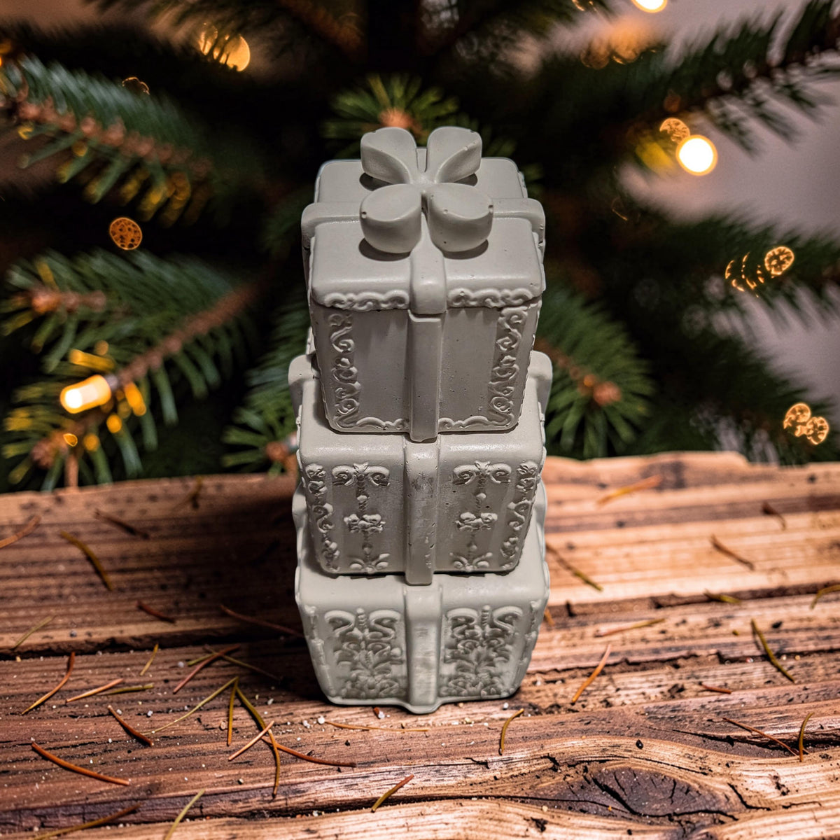 Concrete Stacked Present Tower Set (4-Piece) | Christmas Gift Box Candle Vessels | DIY Holiday Craft &amp; Mantle Decor | Concrete Trinket Boxes