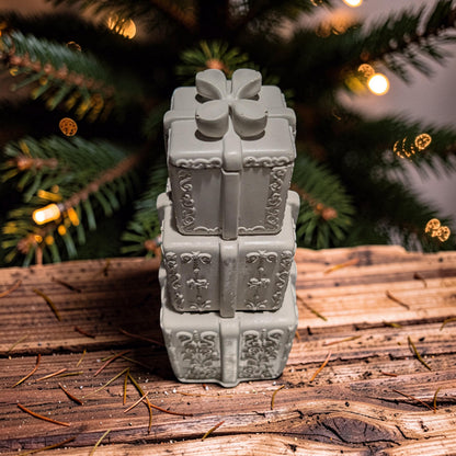 Concrete Stacked Present Tower Set (4-Piece) | Christmas Gift Box Candle Vessels | DIY Holiday Craft &amp; Mantle Decor | Concrete Trinket Boxes