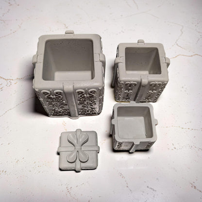 Concrete Stacked Present Tower Set (4-Piece) | Christmas Gift Box Candle Vessels | DIY Holiday Craft &amp; Mantle Decor | Concrete Trinket Boxes