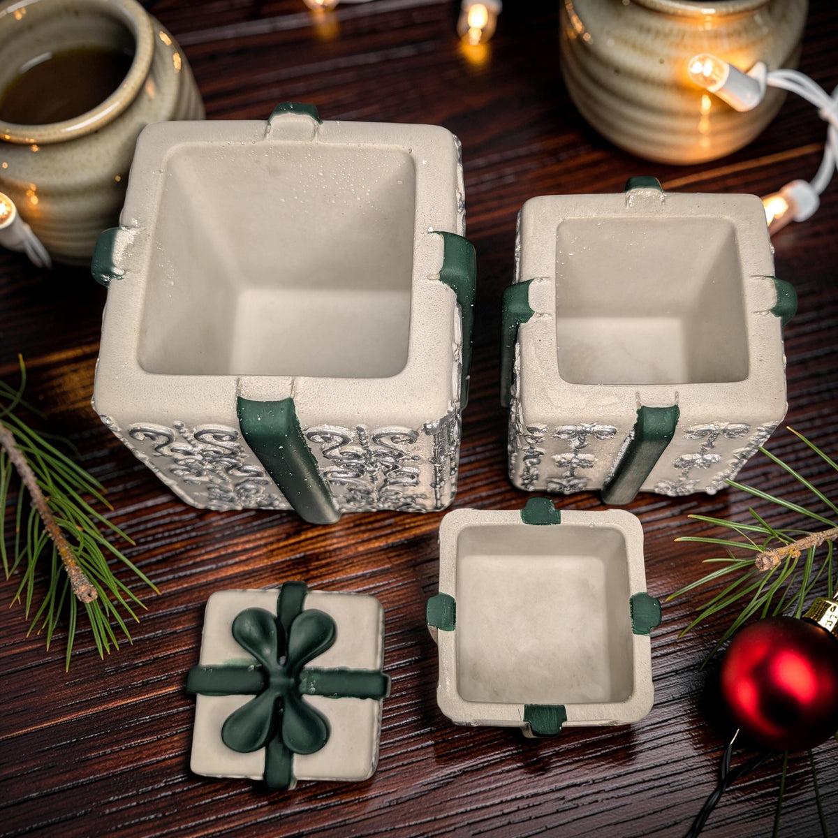 Concrete Stacked Present Tower Set (4-Piece) | Christmas Gift Box Candle Vessels | DIY Holiday Craft &amp; Mantle Decor | Concrete Trinket Boxes