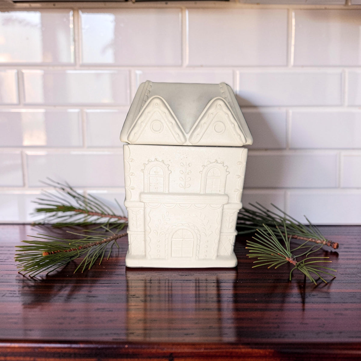 Concrete Gingerbread House Jar with Lid | Christmas Village Trinket Box &amp; Candle Vessel | Holiday Mantle Decor | DIY Winter Craft Jar