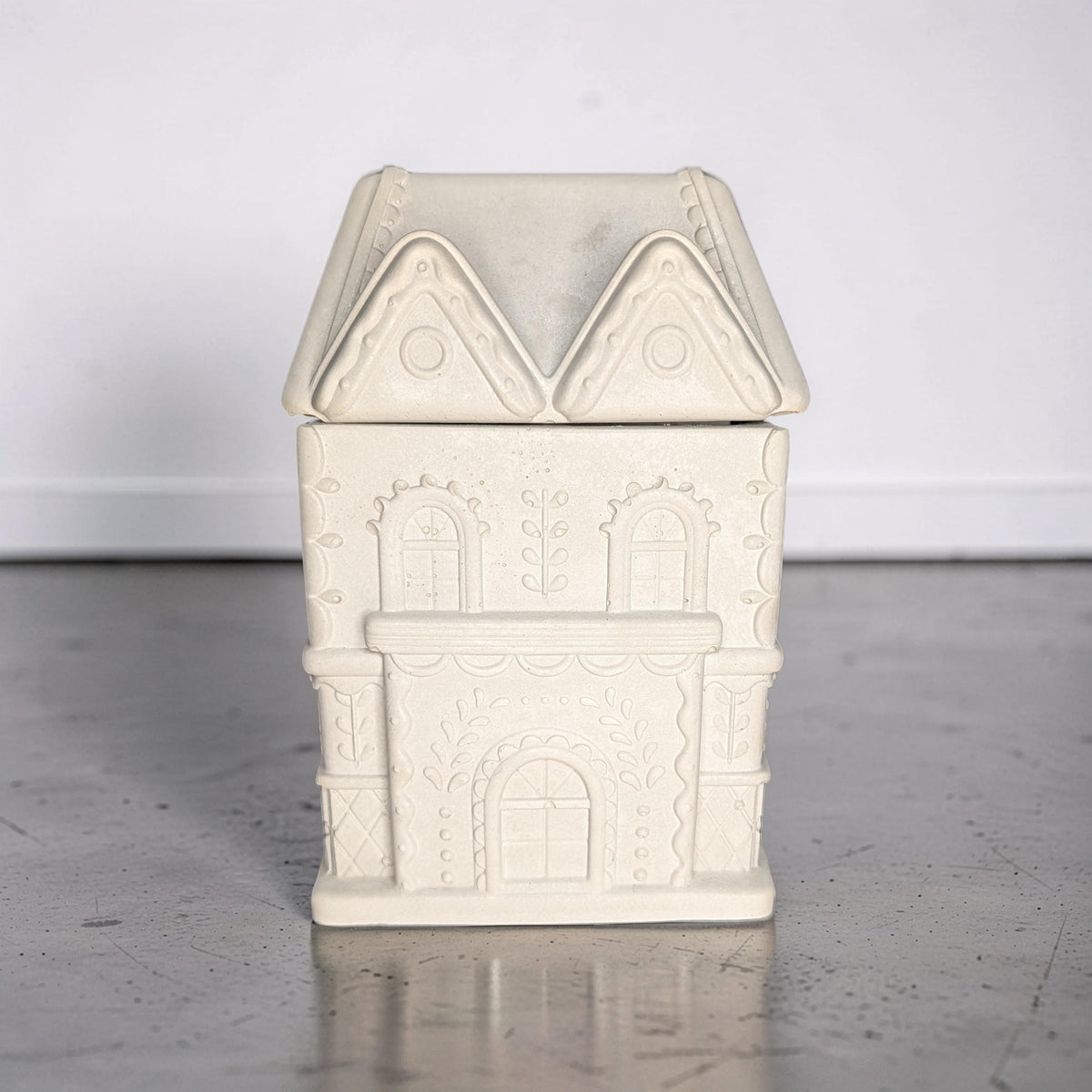 Concrete Gingerbread House Jar with Lid | Christmas Village Trinket Box &amp; Candle Vessel | Holiday Mantle Decor | DIY Winter Craft Jar
