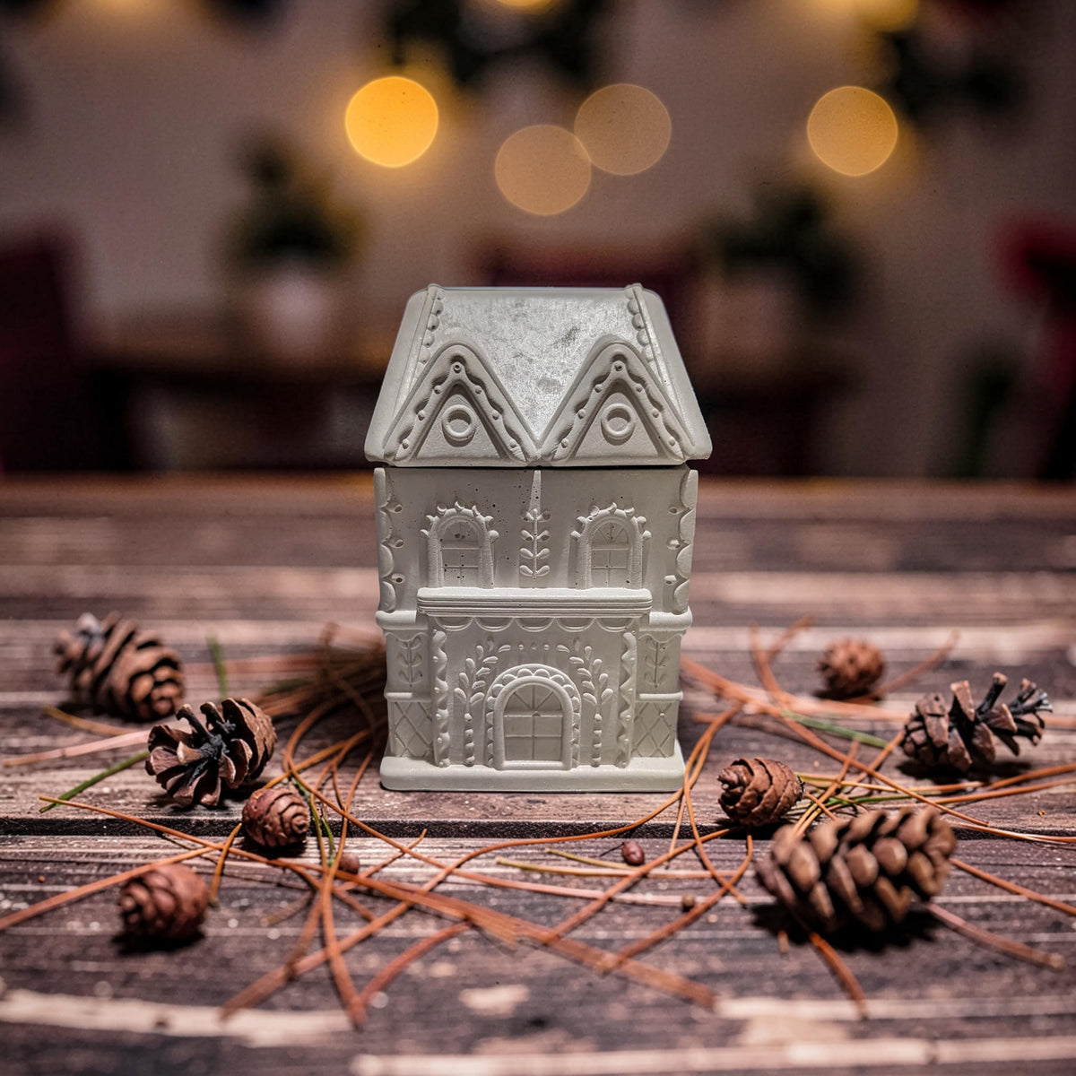 Concrete Gingerbread House Jar with Lid | Christmas Village Trinket Box &amp; Candle Vessel | Holiday Mantle Decor | DIY Winter Craft Jar