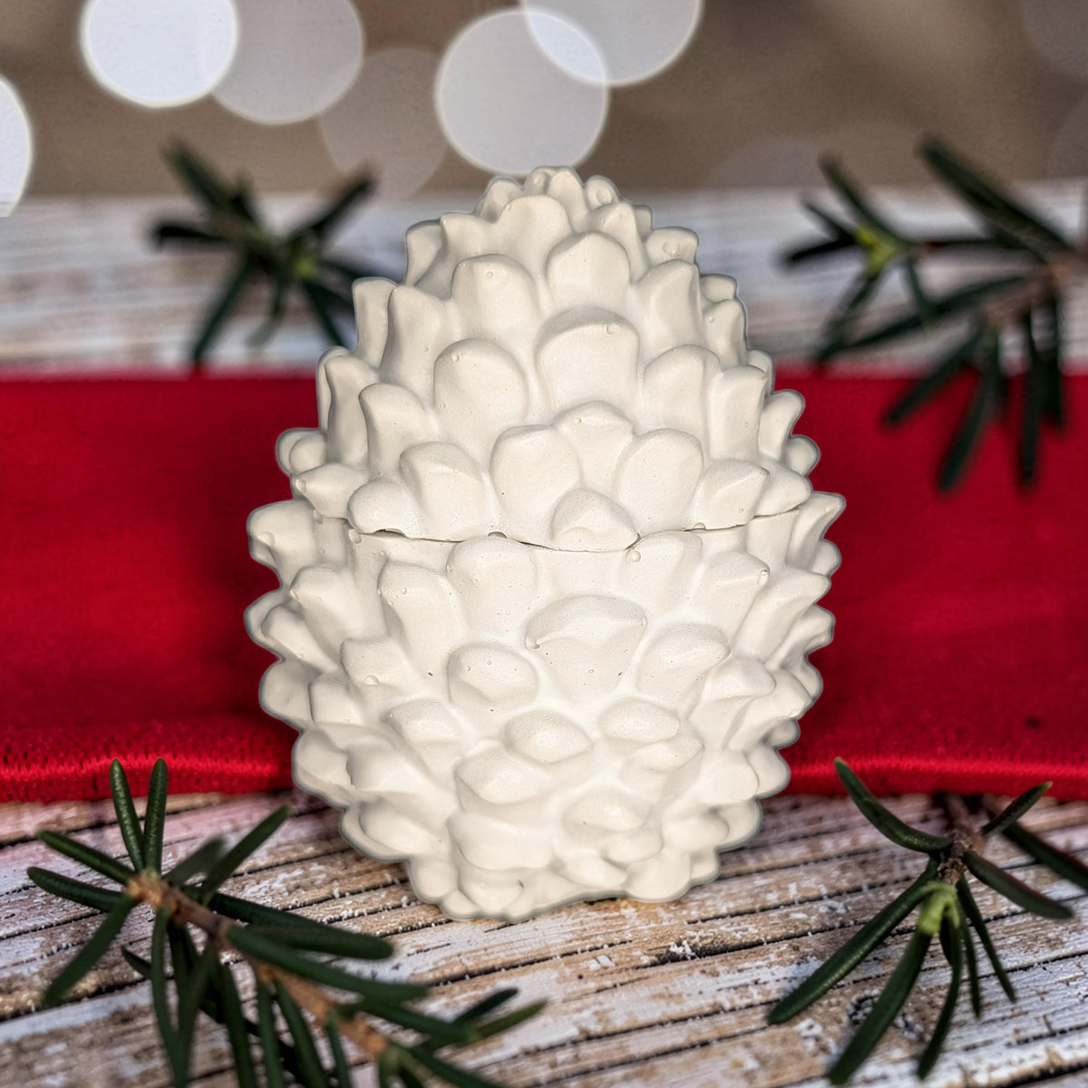 Concrete Pinecone Jar with Lid | Woodland Trinket Box &amp; Candle Vessel | Rustic Winter Mantle Decor | Modern Nature Inspired Christmas Decor