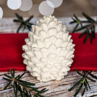 Concrete Pinecone Jar with Lid | Woodland Trinket Box &amp; Candle Vessel | Rustic Winter Mantle Decor | Modern Nature Inspired Christmas Decor