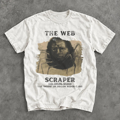 White t-shirt with art of a spider-like creature and text: THE WEB SCRAPER, THE CRYING SPIDER.
