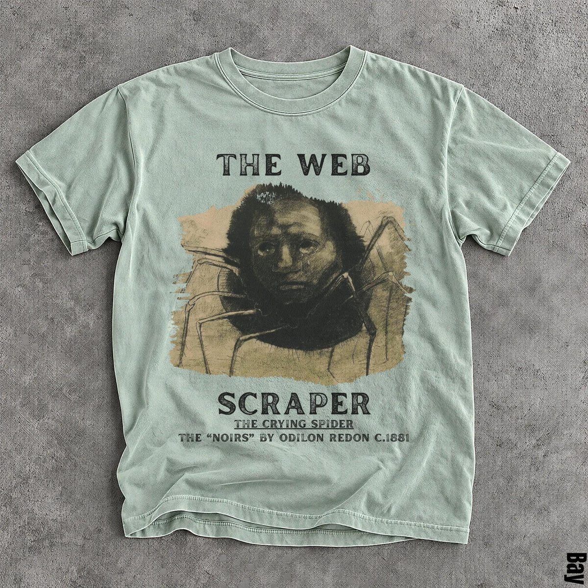 Light green t-shirt with &amp;quot;The Web Scraper The Crying Spider&amp;quot; graphic.