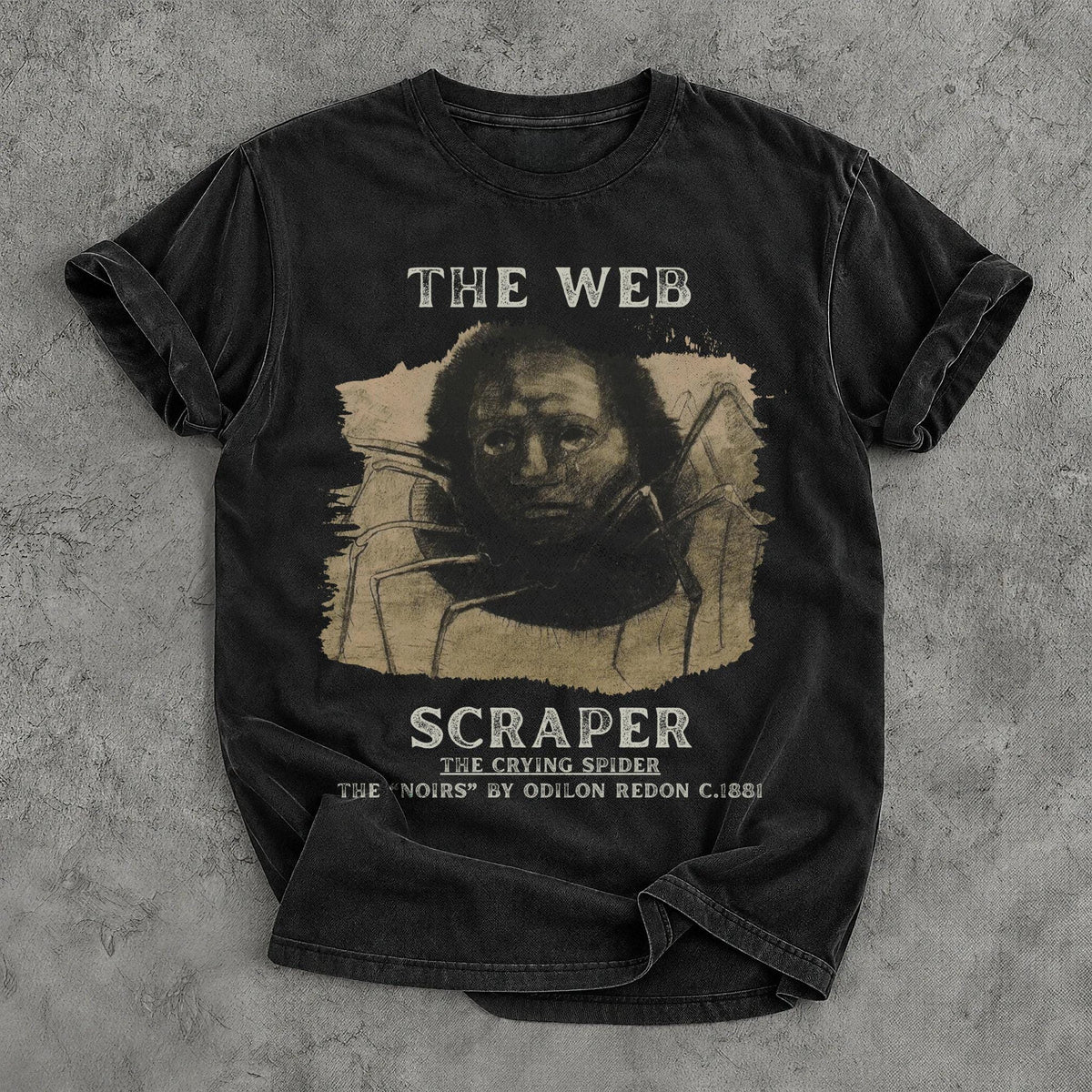 Black t-shirt with &amp;quot;THE WEB SCRAPER&amp;quot; and art by Odilon Redon C.1881.