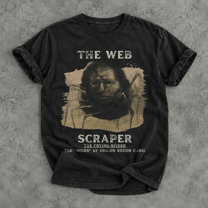 Black t-shirt with &amp;quot;THE WEB SCRAPER&amp;quot; and art by Odilon Redon C.1881.