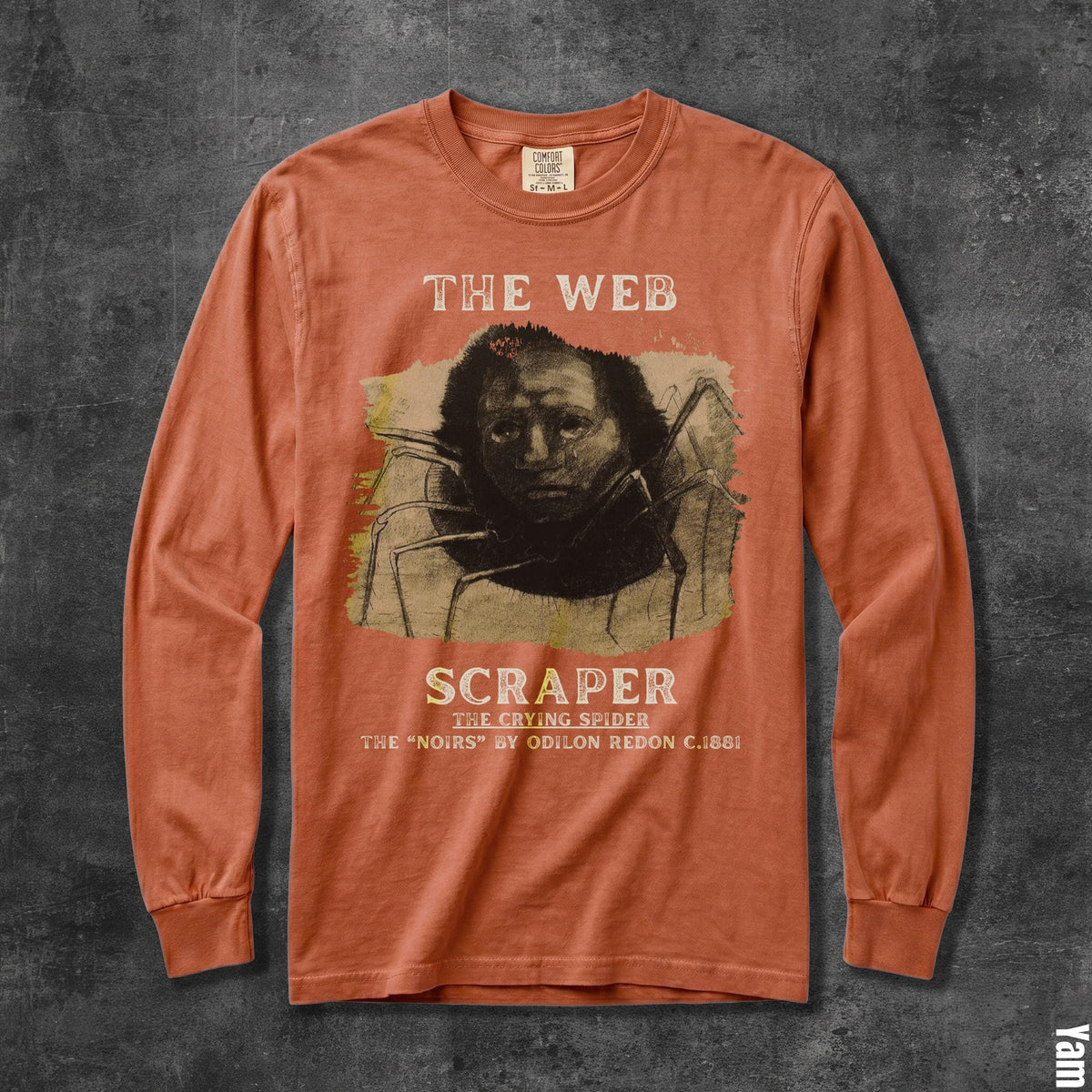 Long sleeve t-shirt with &amp;quot;The Web Scraper&amp;quot; graphic of a spider-humanoid.