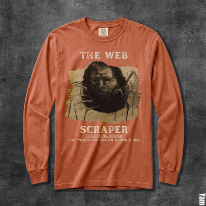 Long sleeve t-shirt with &amp;quot;The Web Scraper&amp;quot; graphic of a spider-humanoid.