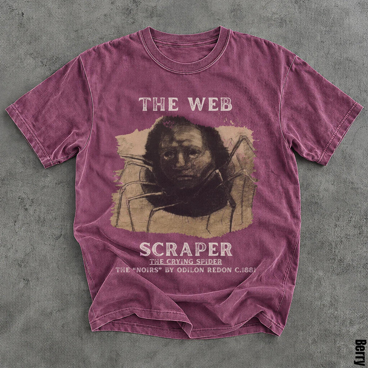 Berry colored t-shirt with &amp;quot;The Web Scraper&amp;quot; art, &amp;quot;The Crying Spider&amp;quot;.