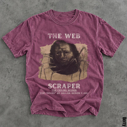 Berry colored t-shirt with &amp;quot;The Web Scraper&amp;quot; art, &amp;quot;The Crying Spider&amp;quot;.