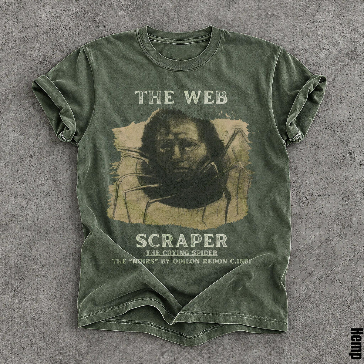 Green t-shirt with &amp;quot;The Web Scraper The Crying Spider&amp;quot; art.