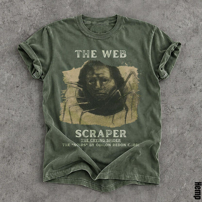 Green t-shirt with &amp;quot;The Web Scraper The Crying Spider&amp;quot; art.