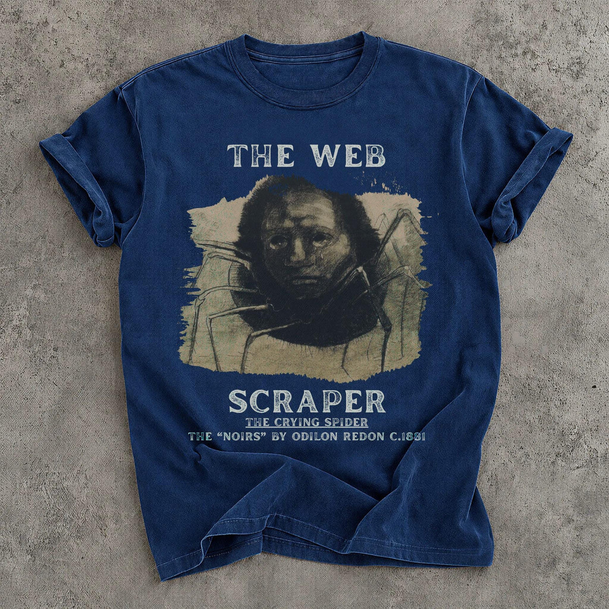 Blue t-shirt with &amp;quot;The Web Scraper&amp;quot; artwork featuring a crying spider.
