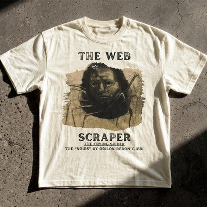 Cream t-shirt with &amp;quot;The Web Scraper&amp;quot; and spider art, by Odilon Redon.