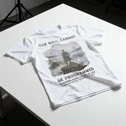 White t-shirt with &amp;quot;The Soul Cannot Be Programmed&amp;quot; and artwork by Caspar David Friedrich.
