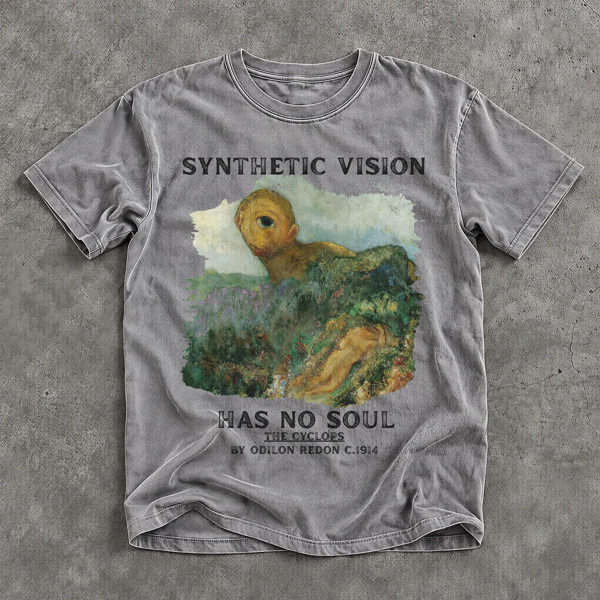 Gray t-shirt with text &amp;quot;SYNTHETIC VISION HAS NO SOUL&amp;quot; and Odilon Redon&amp;