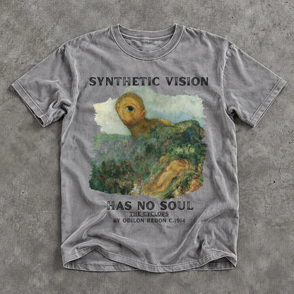 Gray t-shirt with text &amp;quot;SYNTHETIC VISION HAS NO SOUL&amp;quot; and Odilon Redon&amp;