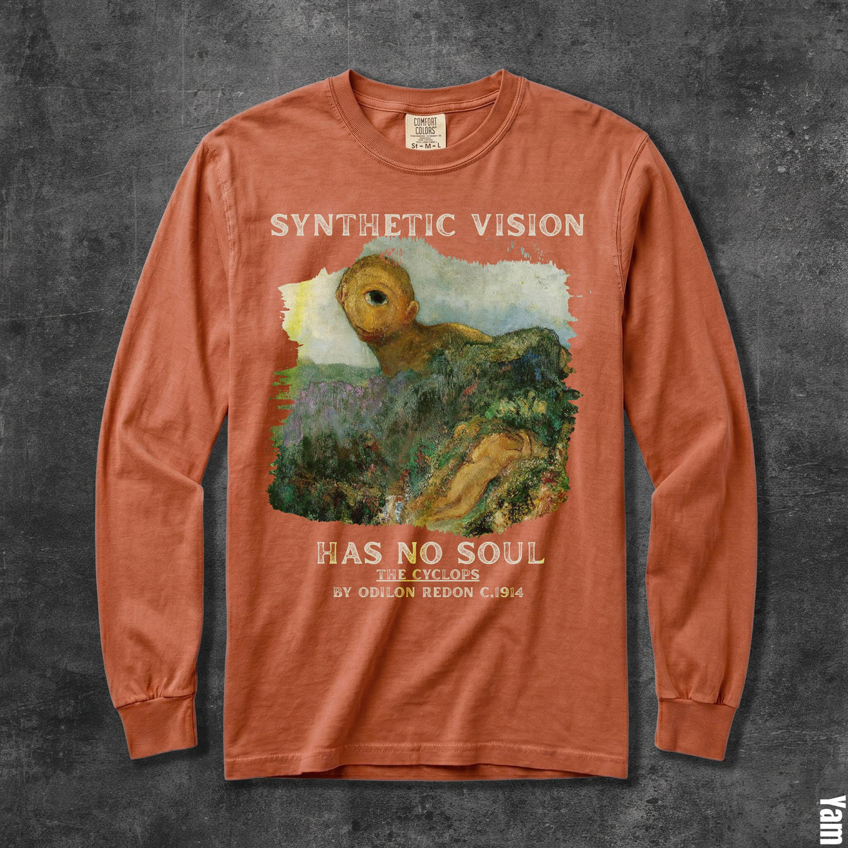 Long sleeve shirt with &amp;quot;Synthetic Vision Has No Soul The Cyclops By Odilon Redon&amp;quot; text.