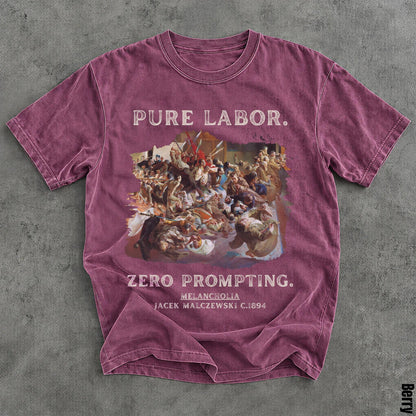 Berry t-shirt with &amp;quot;PURE LABOR. ZERO PROMPTING. MELANCHOLIA JACEK MALCZEWSKI C.1894&amp;quot; text and artwork.