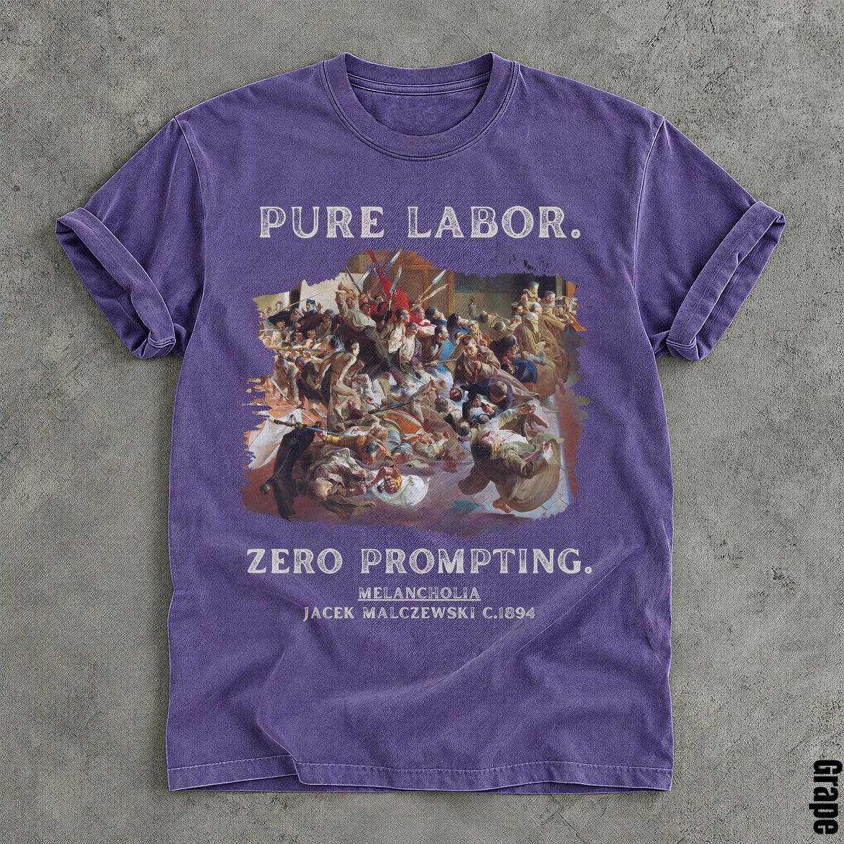 Purple t-shirt with text &amp;quot;PURE LABOR. ZERO PROMPTING.&amp;quot; and artwork.