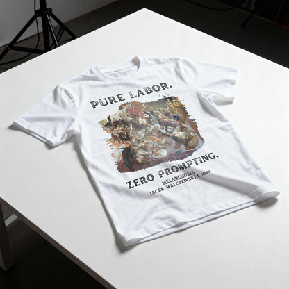 White t-shirt with &amp;quot;PURE LABOR.&amp;quot; and &amp;quot;ZERO PROMPTING.&amp;quot; text and artwork.