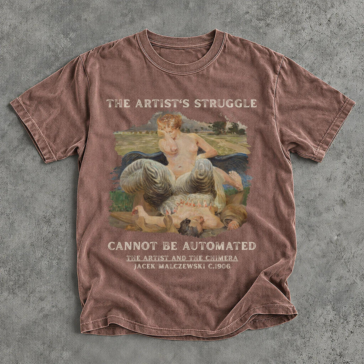 Brown t-shirt with text and painting of &amp;quot;The Artist and the Chimera&amp;quot;.