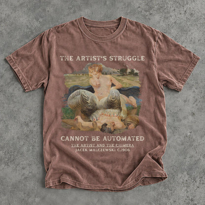 Brown t-shirt with text and painting of &amp;quot;The Artist and the Chimera&amp;quot;.