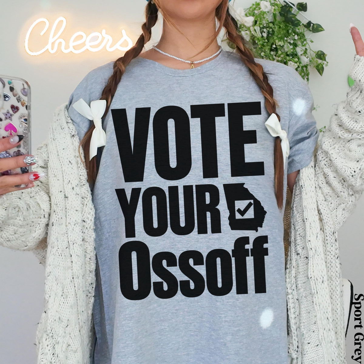Grey t-shirt with black text &amp;quot;VOTE YOUR Ossoff&amp;quot; and Georgia outline.