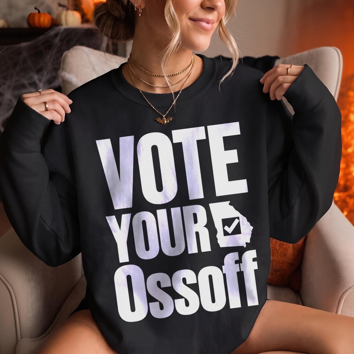 Black sweatshirt with &amp;quot;VOTE YOUR OSSOFF&amp;quot; and a Georgia outline graphic.