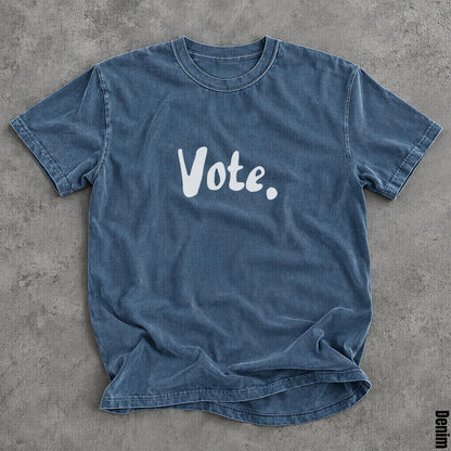 Blue t-shirt with the word &amp;quot;Vote.&amp;quot; printed in white text.
