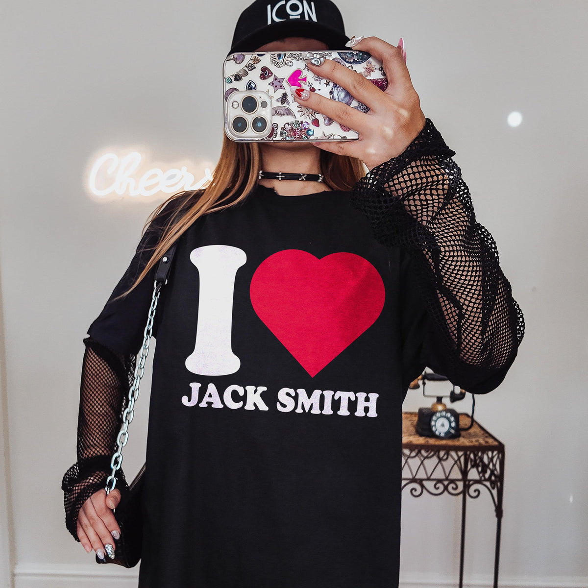 Black t-shirt with &amp;quot;I ❤️ JACK SMITH&amp;quot; graphic and fishnet sleeves.