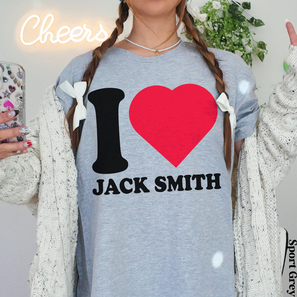 Grey t-shirt with &amp;quot;I ❤️ JACK SMITH&amp;quot; graphic and a &amp;quot;Cheers&amp;quot; neon sign.