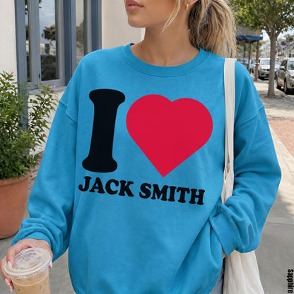Blue sweatshirt with black &amp;quot;I&amp;quot; and red heart graphic, text &amp;quot;JACK SMITH&amp;quot; below.