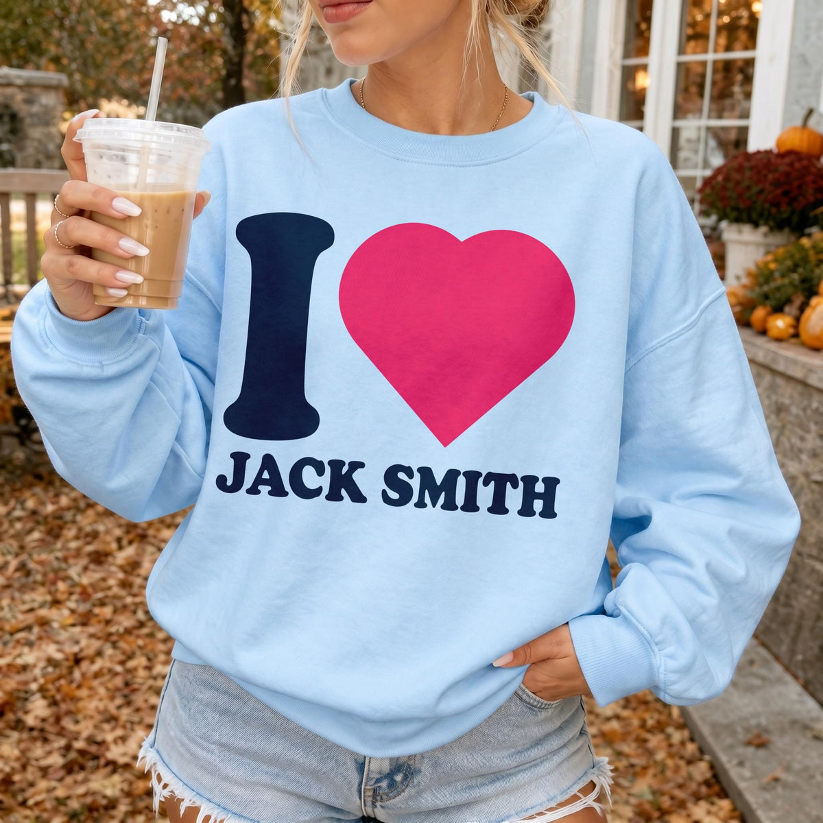 Light blue sweatshirt with pink heart and &amp;quot;I Love Jack Smith&amp;quot; text.