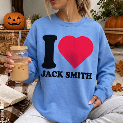 Blue sweatshirt with &amp;quot;I heart JACK SMITH&amp;quot; graphic and text &amp;quot;Carolina Blue&amp;quot;.