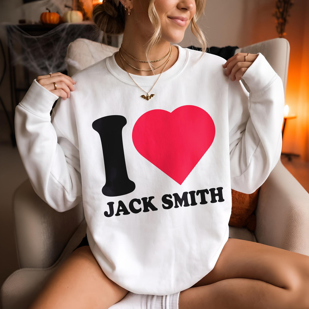 White sweatshirt with &amp;quot;I love Jack Smith&amp;quot; graphic.