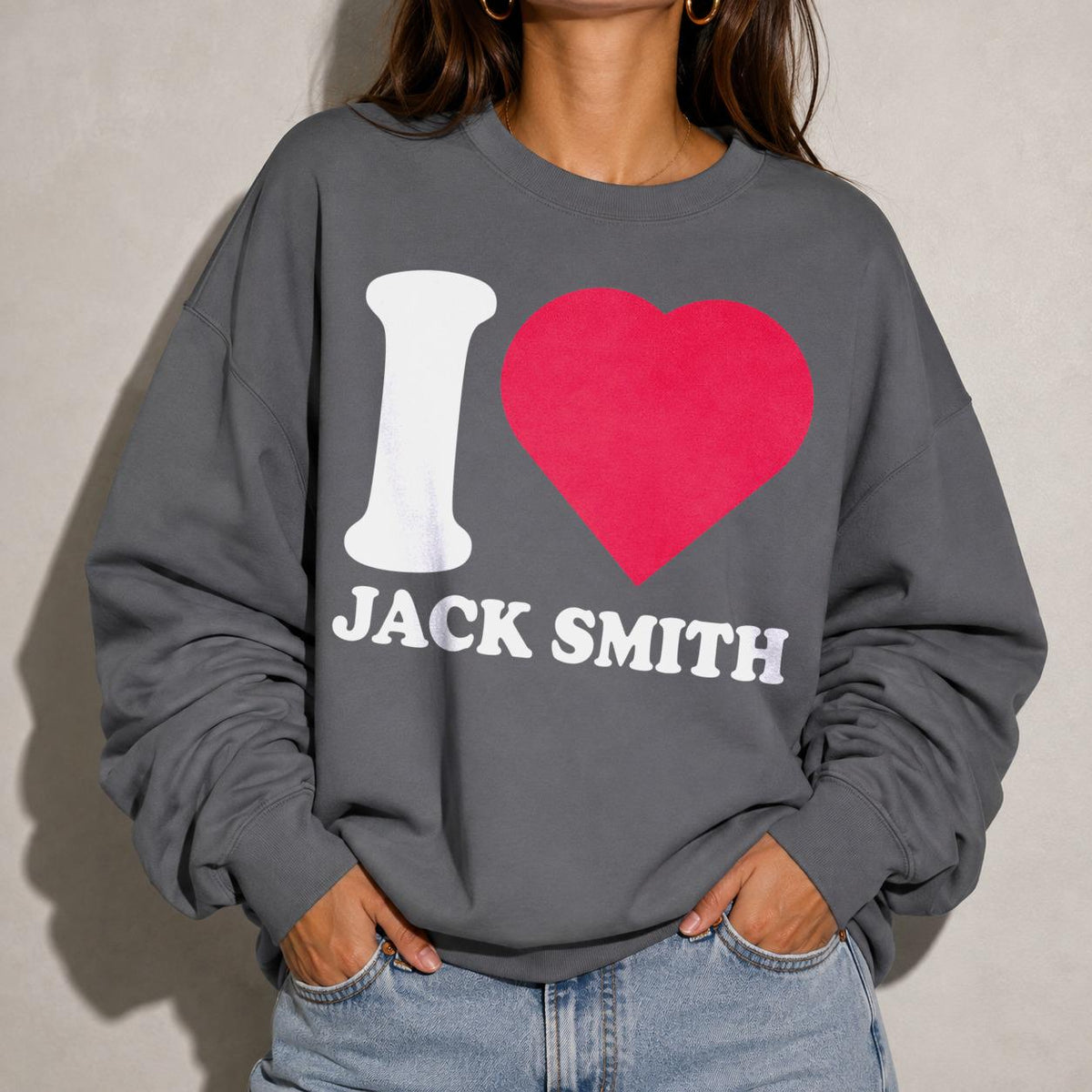Grey sweatshirt with &amp;quot;I heart Jack Smith&amp;quot; graphic in white and red.