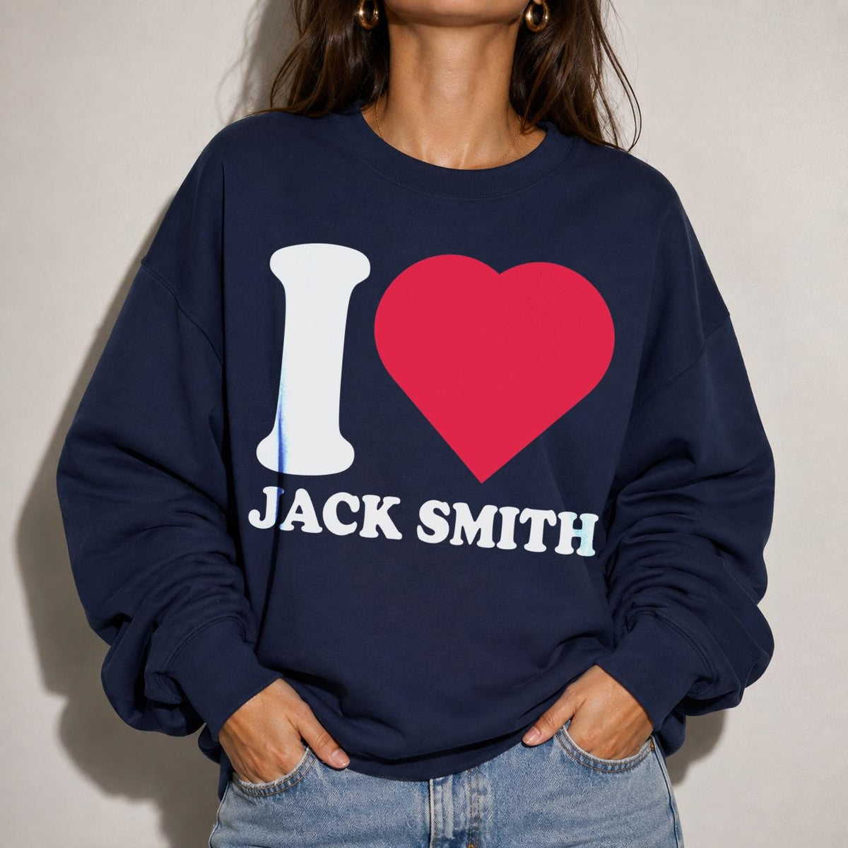 Navy sweatshirt with white &amp;quot;I&amp;quot; and red heart graphic, text &amp;quot;JACK SMITH&amp;quot;.