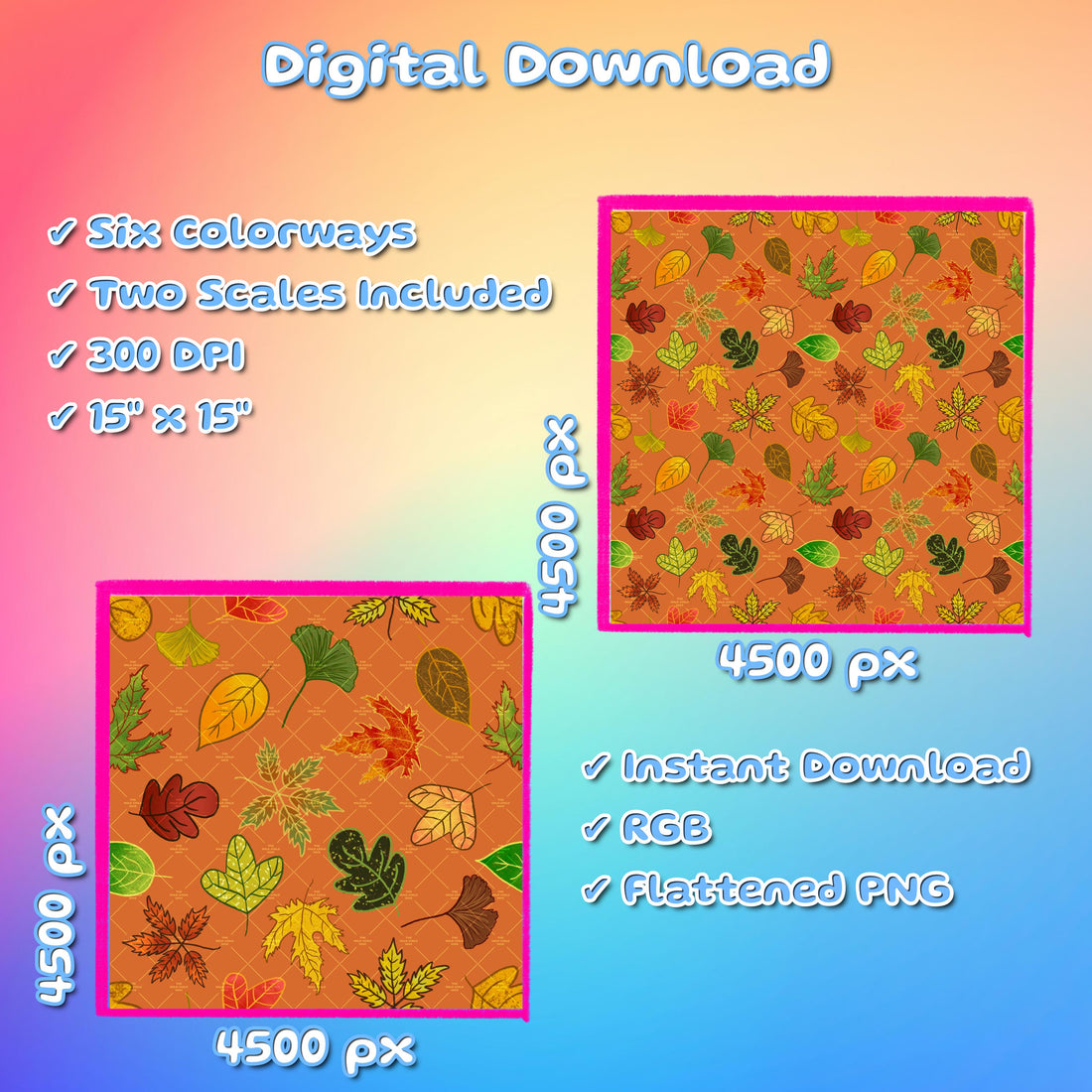 Six Fall Seamless Patterns Bundle,  Autumn Leaves Fabric Sublimation, Commercial Use, Hand-Drawn Digital Paper