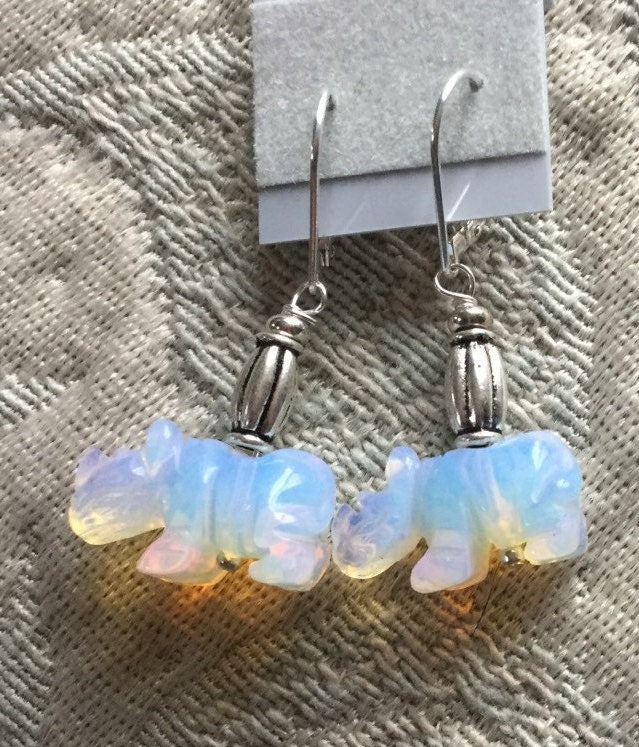 White Rhino Earrings featuring iridescent opalescent stones, unique jewelry gift for endangered animal supporters and wildlife lovers.