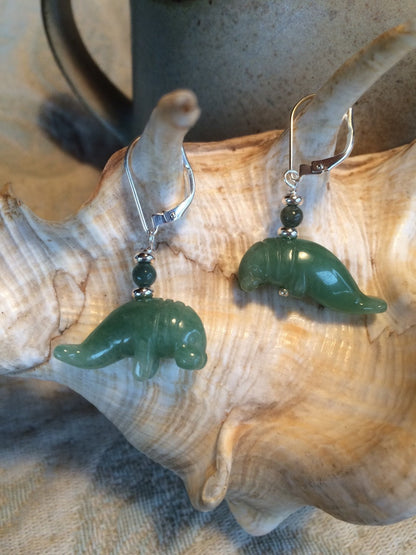 Stylish Aventurine Carved Stone Manatee Earrings displayed on a clean background, perfect for ocean theme enthusiasts and wildlife supporters.