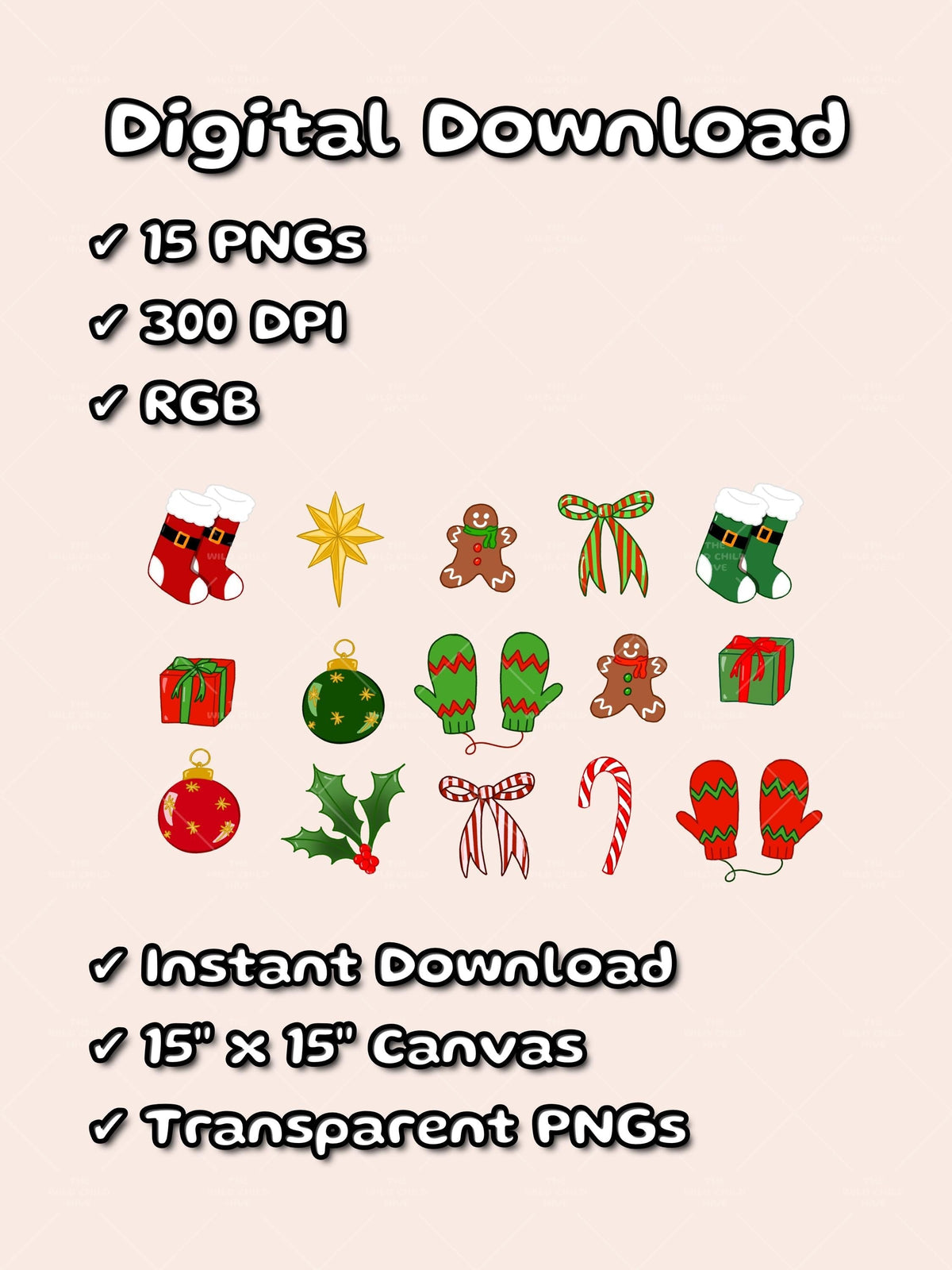 Cutesy Christmas Clip Art, Hand-Drawn Whimsical Holiday Illustrations, Festive Transparent PNG, Holly Jolly Commercial Use